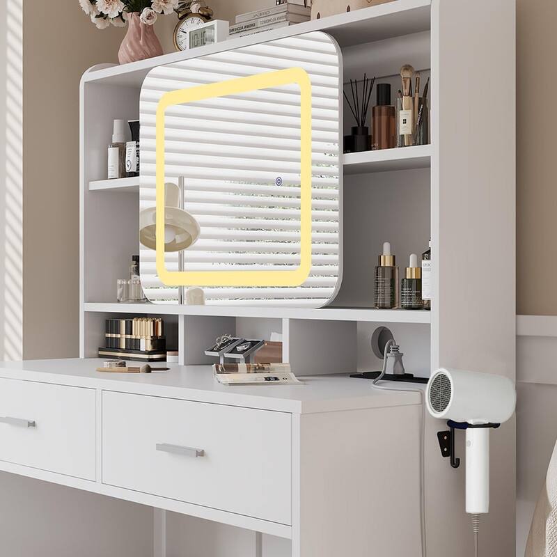 Vanity Desk with LED Mirror and Stool, Drawers, Storage Shelves, Charging Station