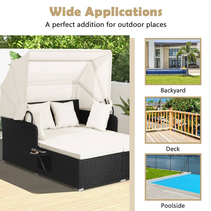 Costway Patio Rattan Daybed Lounge Retractable Top Canopy Side Tables - See Details