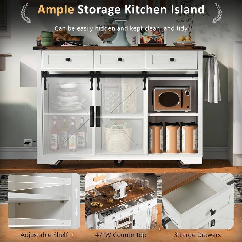 Farmhouse Kitchen Island with Power Outlet and 2 Sliding Barn Door, Rolling Kitchen Cart on Wheels with Drop Leaf and Spice Rack