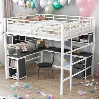 Modern Full Size Metal Loft Bed with Bookcase,Desk and Cabinet and Storage Functions For Bedroom