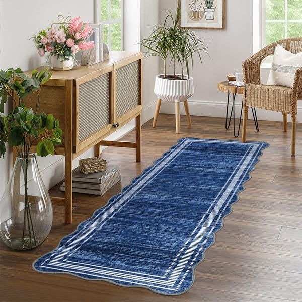 Washable Scalloped Area Rugs, Modern Bordered Living Room Rugs for