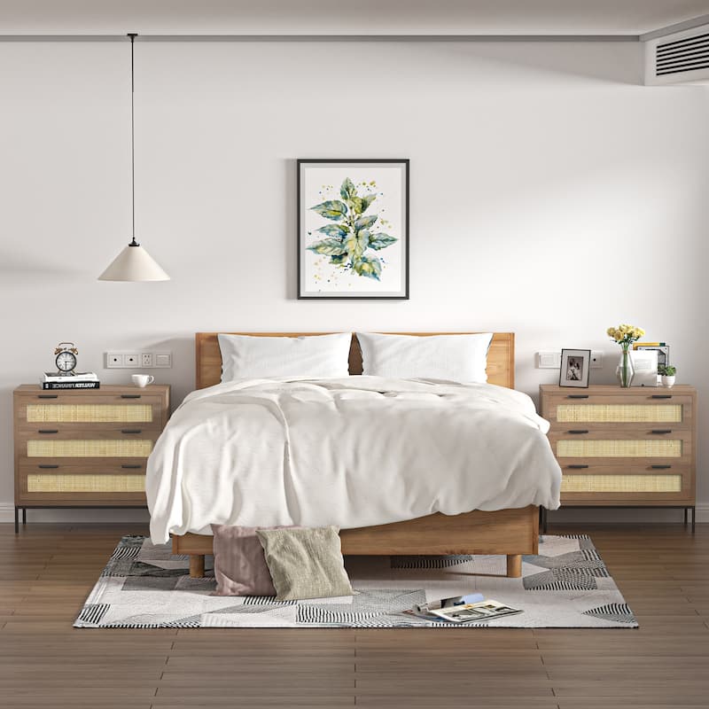 Anmytek Modern 3-Drawer Brown Dresser Rattan Chest of Drawers Storage Cabinet for Bedroom