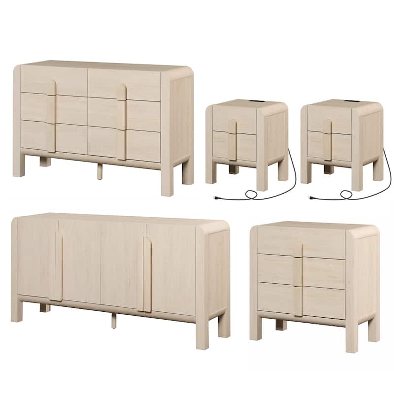 5 Pcs Wood Dresser and Nightstand Sets for Bedroom，Mid-Century Modern Bedroom Set with Curved Profile Design - Beige