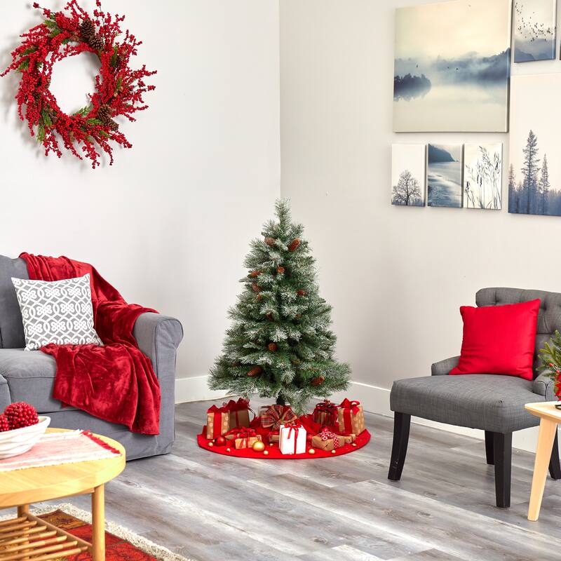 4' Snowed French Alps Mountain Pine Artificial Christmas Tree with 237 Bendable Branches and Pine Cones