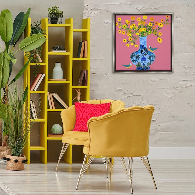 Stupell Ornate Vase with Daisies Framed Floater Canvas Wall Art Design By Kay Widdowson