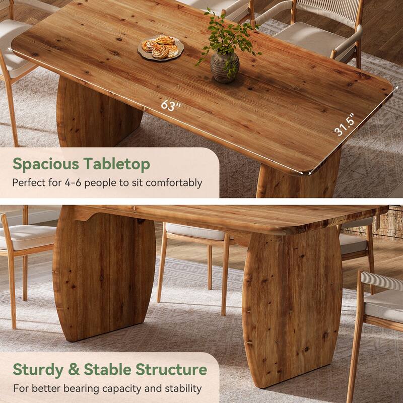 63'' Solid Wood Dining Table for 4-6 People, Sturdy Wooden Legs