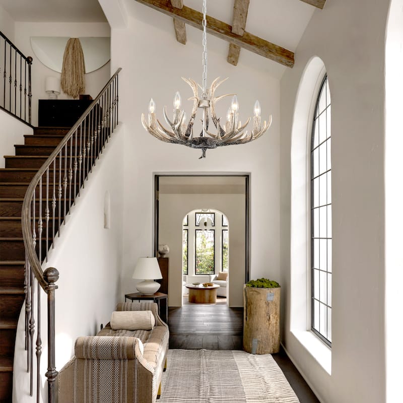 6-light farmhouse adjustable height pendant light with decorative resin antlers