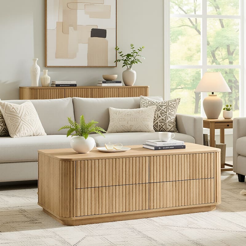 Fluted Coffee Table w/ 4 Drawers, Modern Center Table for Living Room - Oak