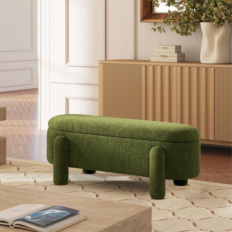 Modern Contemporary 49" Oval Fully Upholstered Storage Bench, Boucle, for Living room Bedroom - Green