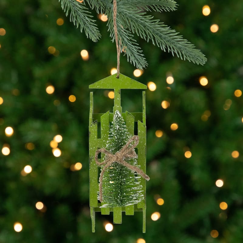 9-Inch Tree on Green Wood Sled Christmas Ornament - 9"