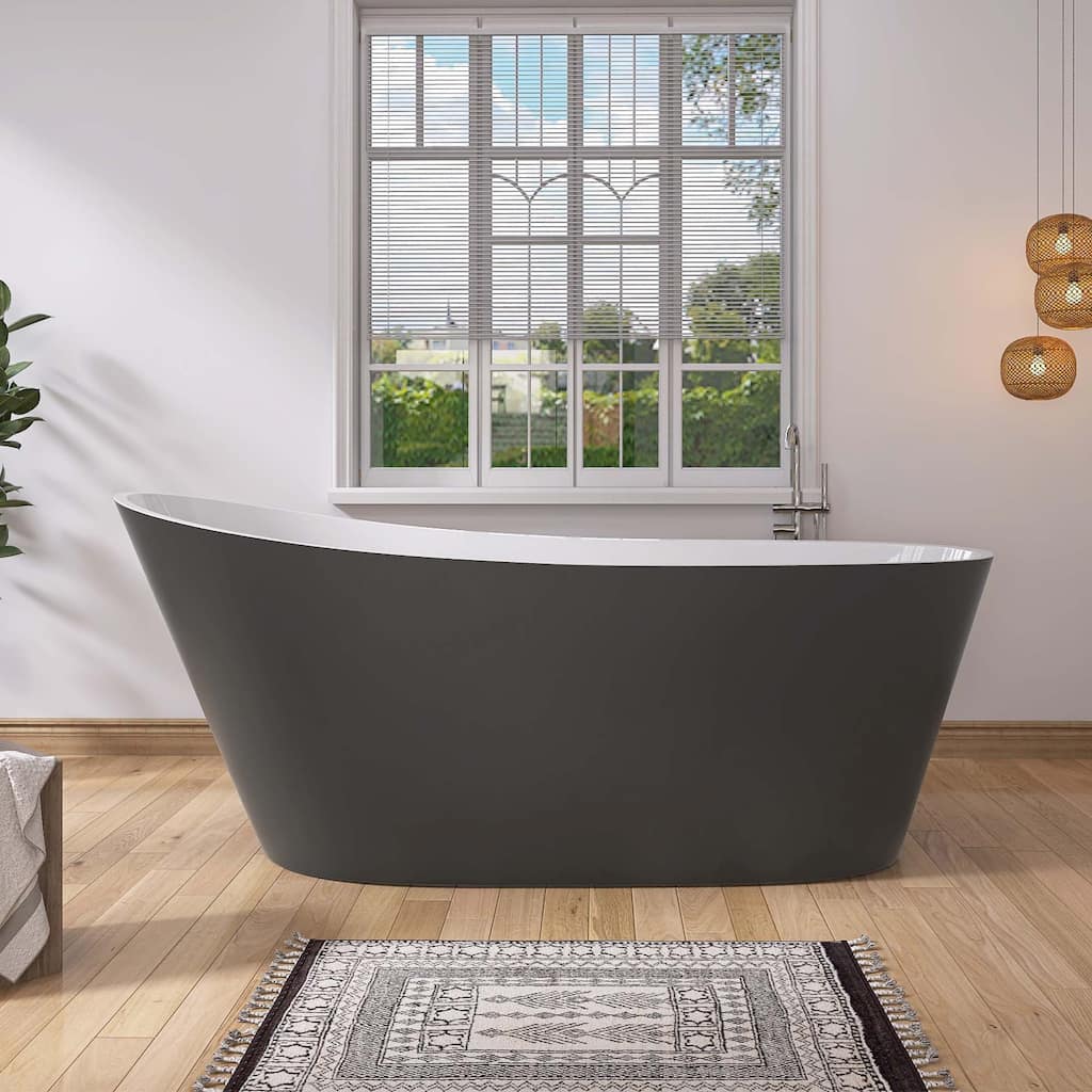 59 Inch Acrylic Single Slipper Freestanding Flatbottom Soaking Bathtub in Matte Grey