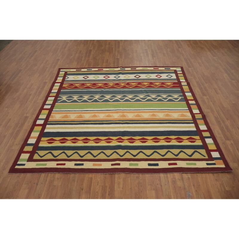 Hand Woven Oriental 100% Wool Carpet Southwestern Modern Multi-Colored Kilim Area Rug - 8' 5'' X 8' 3''