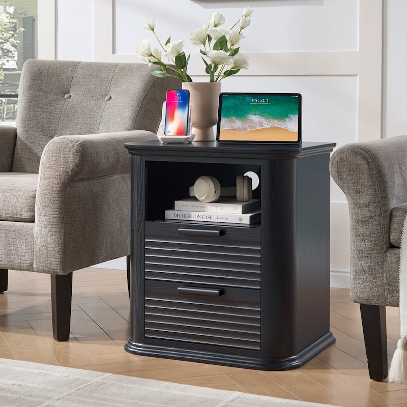 Modern End Table with 2 Drawers & Open Storage
