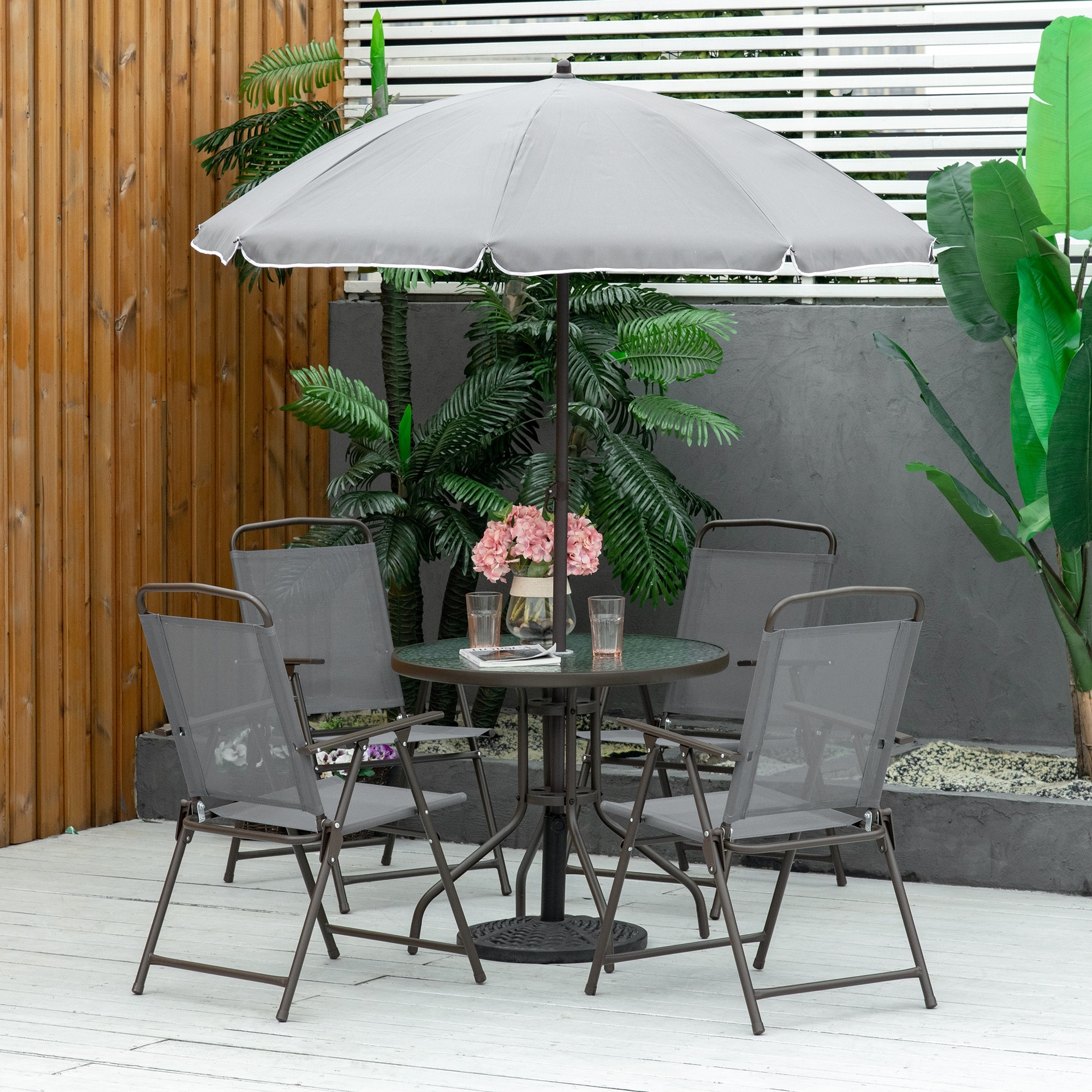 Outsunny 6 Piece Patio Dining Set for 4 with Umbrella, Outdoor Table and Chairs with 4 Folding Dining Chairs & Round Glass Table