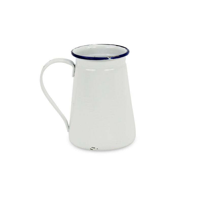 White Metal Lacquered Jug with Blue Rim Decor - White