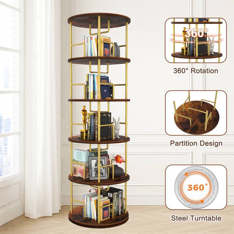 GDF Studio - Fremont Modern 5-Tier Wood and Metal Rotating Bookshelf with 360-Degree Swivel Design