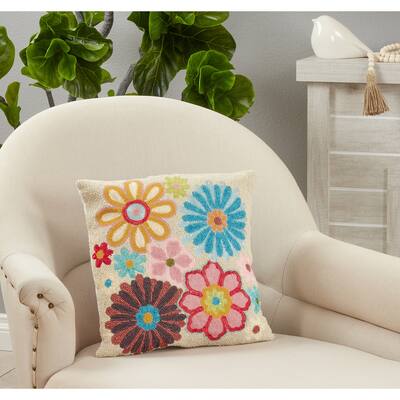 Beaded Pillow With Flower Design, 16"x16"