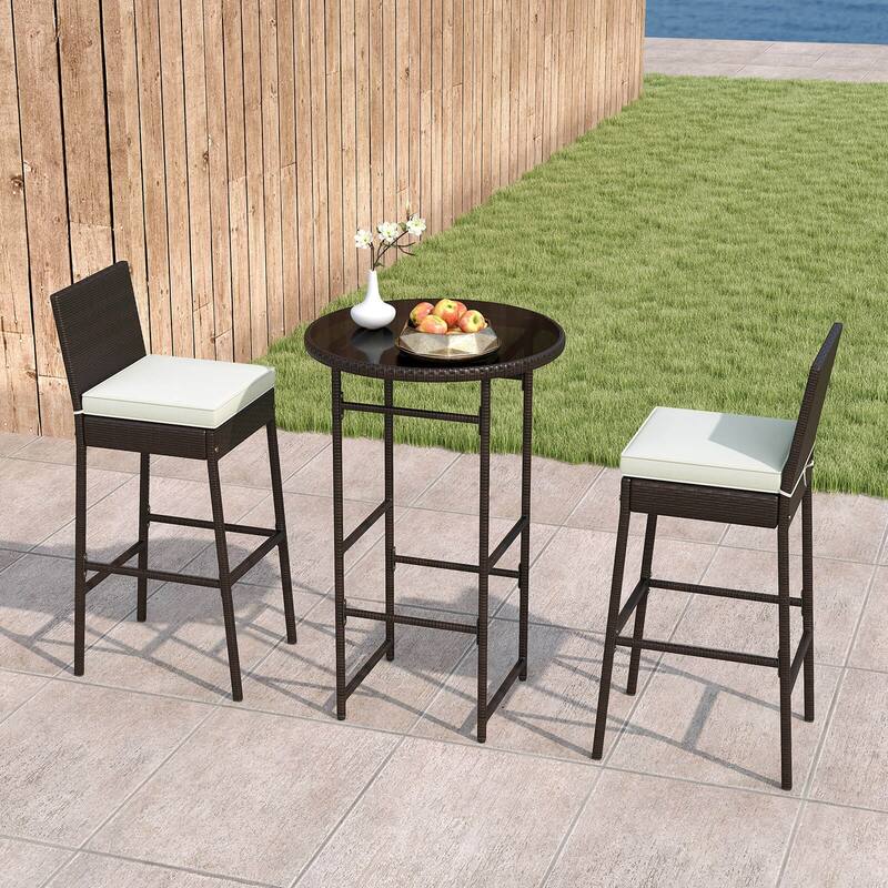 Costway 3 Piece Outdoor Bar Set Patio Rattan Bar Height Table & Chairs - See Details