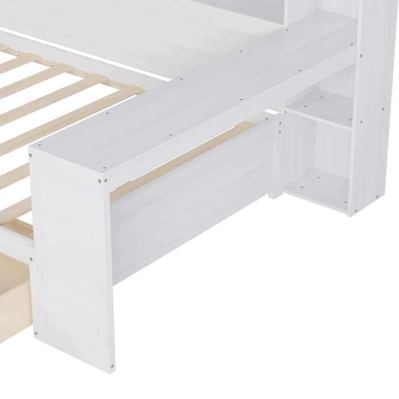 Antique White Full Size Wooden Daybed with Storage Shelves, Drawers & Study Desk