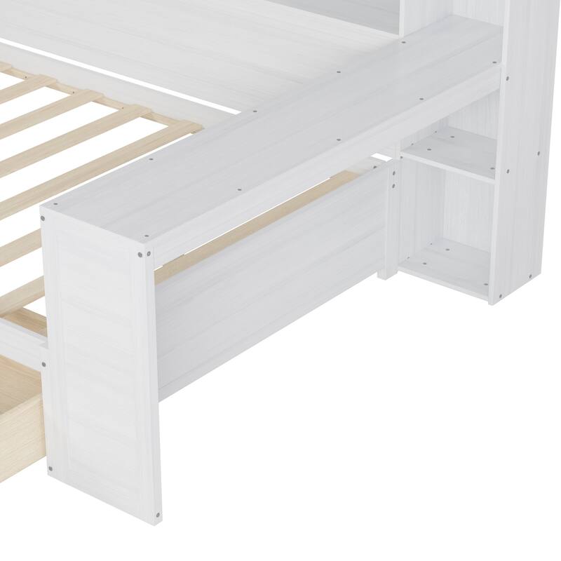 Wooden Full Daybed with Storage Shelves, Multi-functional Bed with Two Storage Drawers and Study Desk