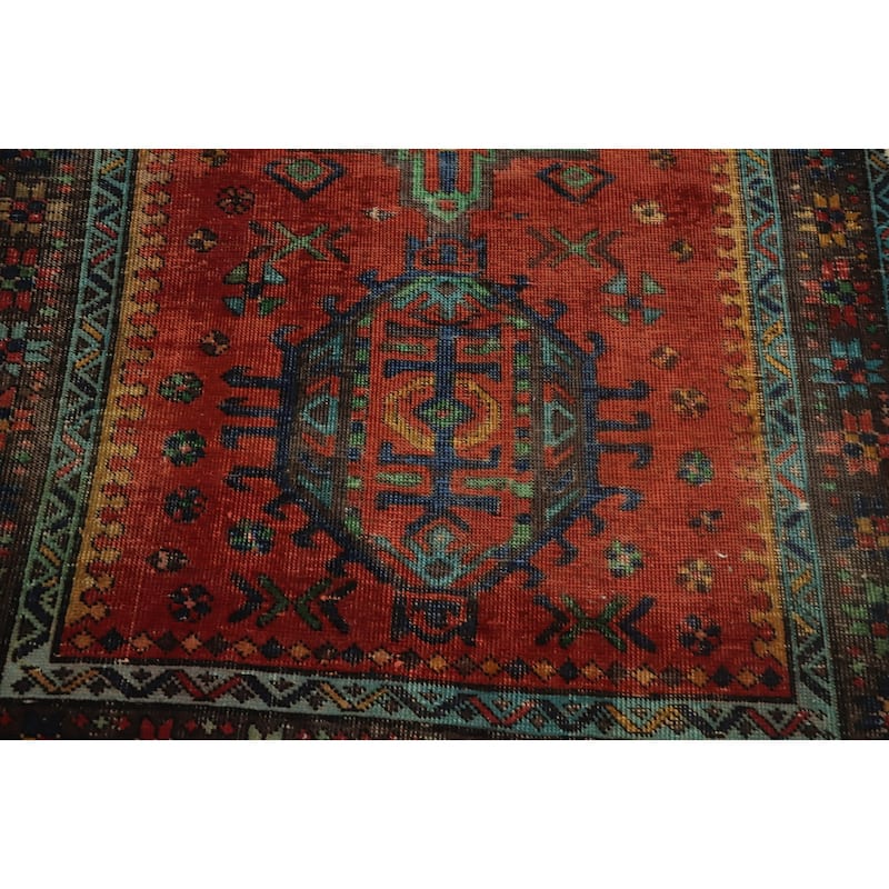 Hand Knotted Oriental 100% Wool Carpet Traditional Geometric Oranges & Rust Heriz Runner Rug - 10' 1'' X 3' 5''