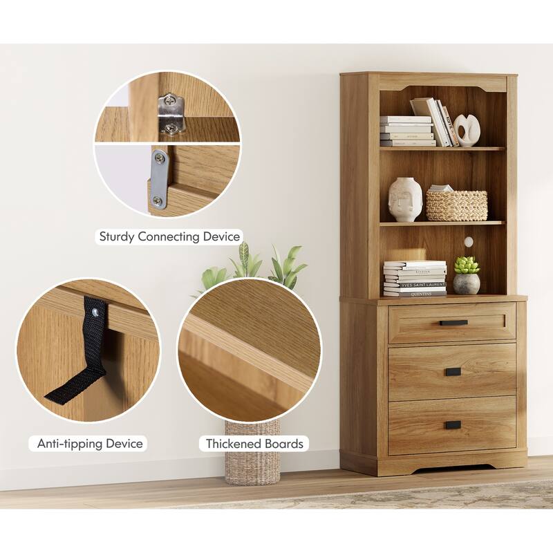 3 Tier Bookcase with Drawer,73.3" Tall Floor Standing Bookshelf