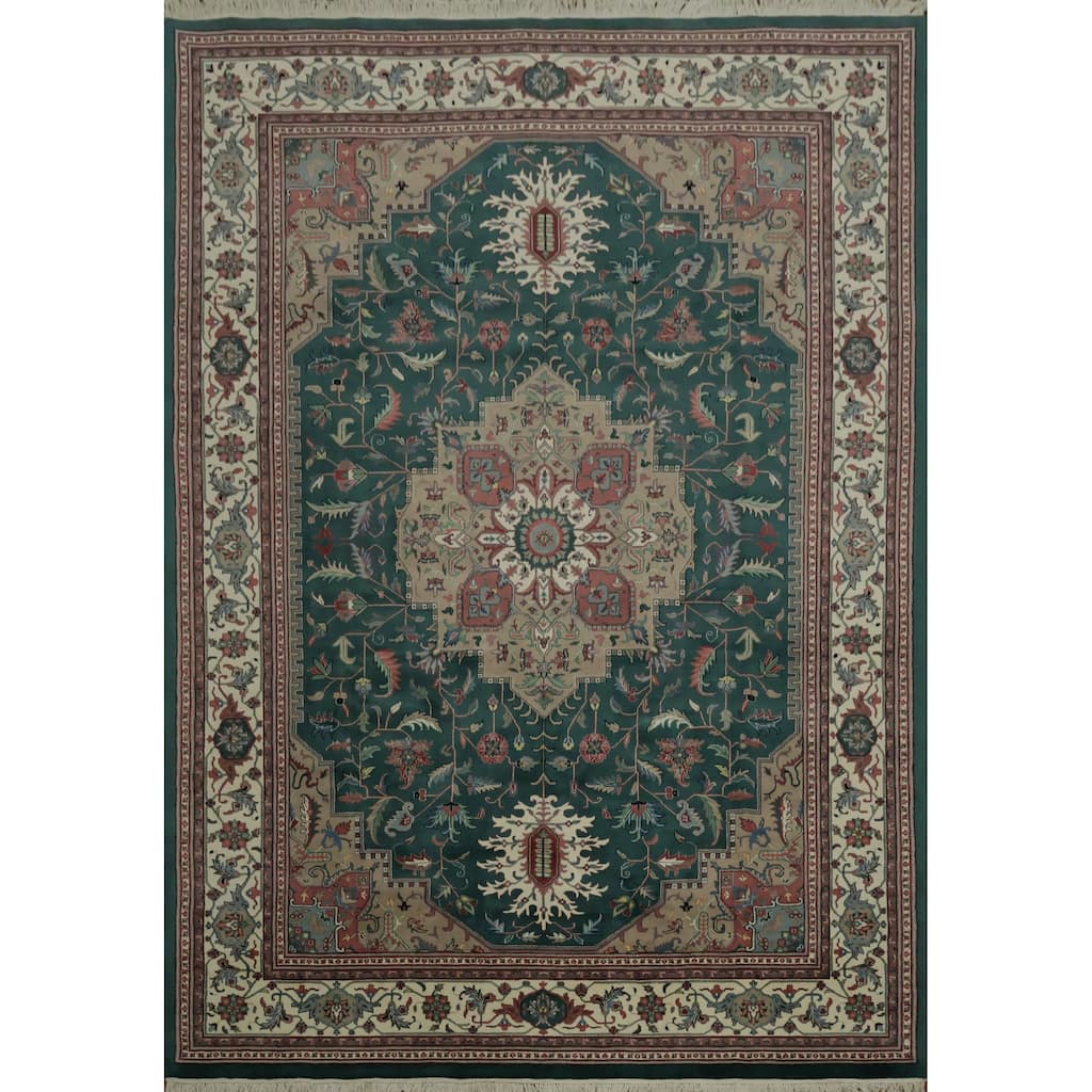 Hand Knotted Oriental 100% Wool Carpet Traditional Geometric Green Heriz Area Rug - 13' 10'' X 9' 8''