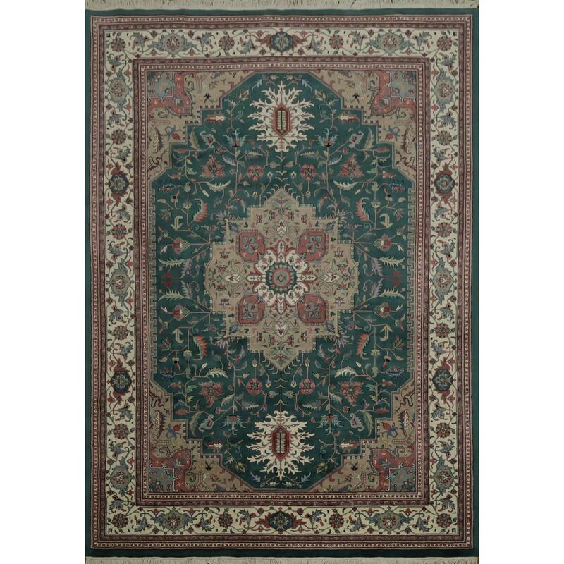 Hand Knotted Oriental 100% Wool Carpet Traditional Geometric Green Heriz Area Rug - 13' 10'' X 9' 8''