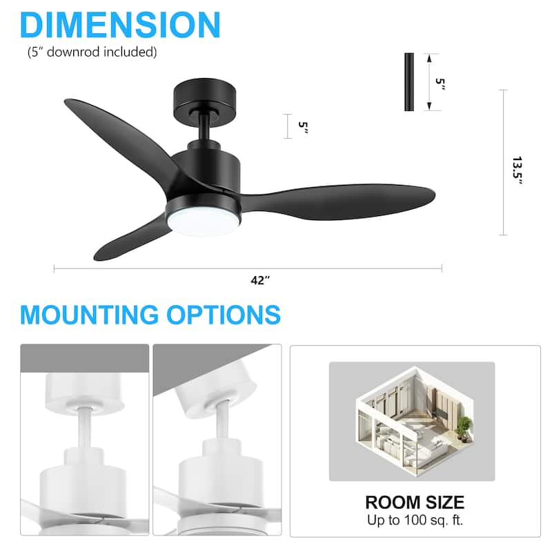 42 Inch LED Black/White Ceiling Fan with Lights Remote(3-Blade)