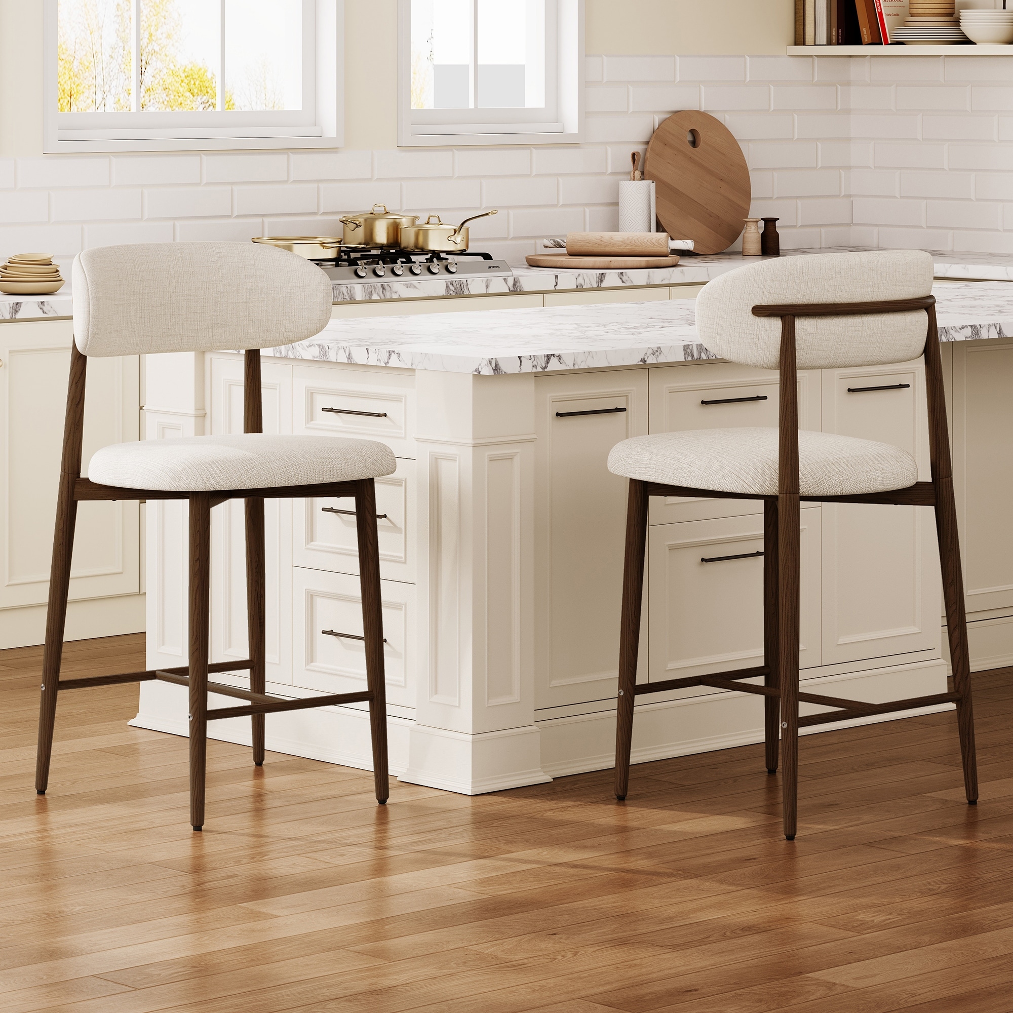 Counter Height Bar Stools Set of 2, Upholstered Counter Stools Modern Barstools with Metal Legs for Kitchen Island Dining Room