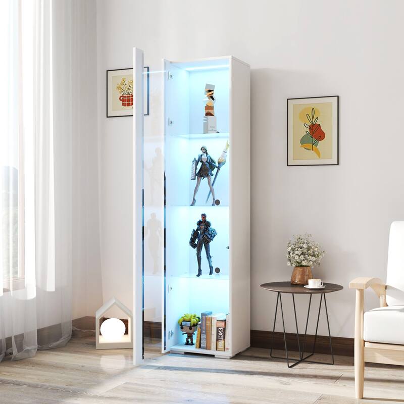 4-Tier Storage Display Cabinet with Shelves, LED Light Accent Cabinet Curio Cabinet Modern Side Cabinet for Living Room