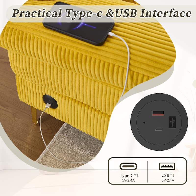 HOMEFUN Corduroy Upholstered U-shaped Adjustable Light Modular Sectional Sofa With Type-C and USB ports