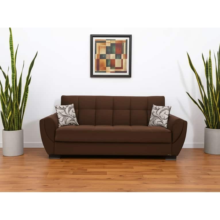 HomeRoots 93" Brown Microfiber Convertible Futon Sleeper Sofa And Toss Pillows With Storage