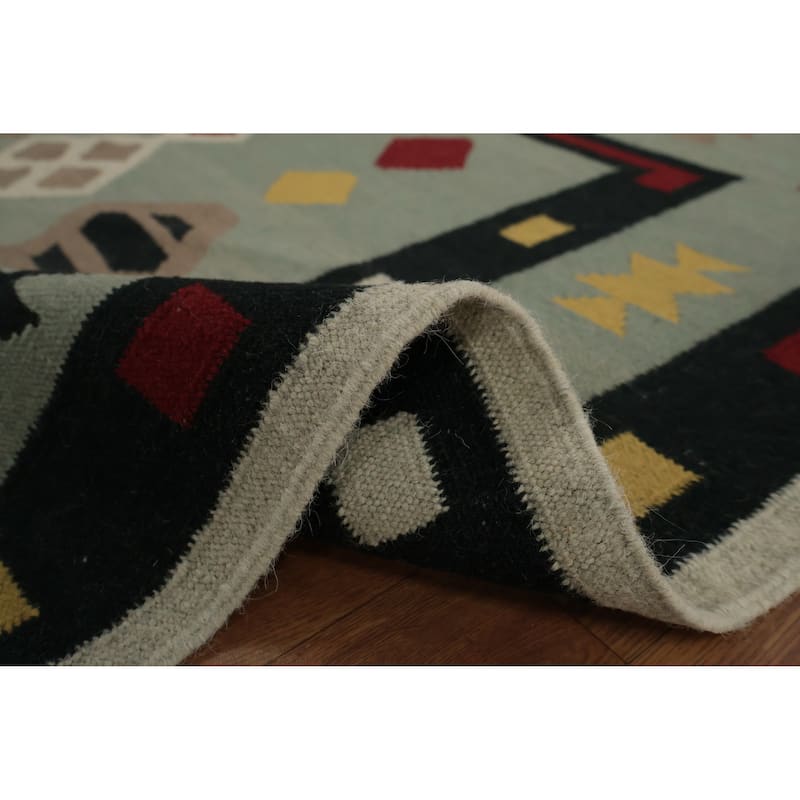 Hand Woven Oriental 100% Wool Carpet Southwestern Tribal Green Kilim Area Rug - 8' 1'' X 5' 2''