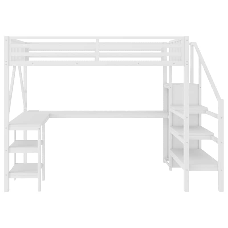Metal Full Loft Bed with Wardrobe and LED Light, Full Size Loft Bed with L Shaped Desk and USB for Kids Teens Adults