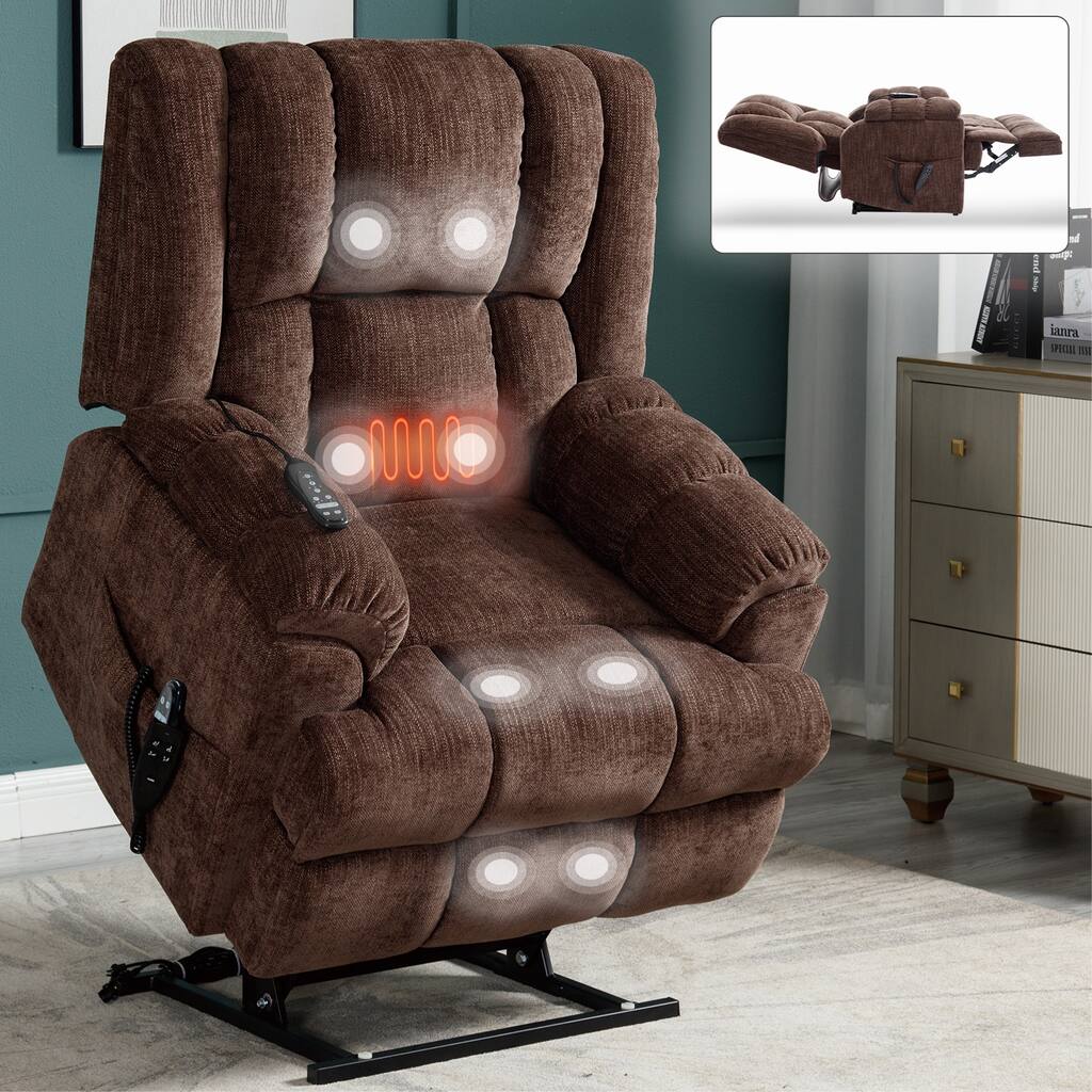 Brown Oversized Chenille Power Lift Recliner with Massage, Heating, Flat Lay