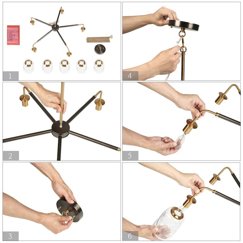 Mid-Century Modern 5-Light Wheel Chandelier Black Gold Glass Lights for Dining Living Room - D 28.7" x H 74.6"Max