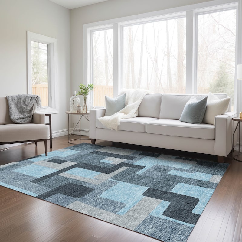 Machine Washable Indoor/ Outdoor Contempoary Blocks Chantille Rug