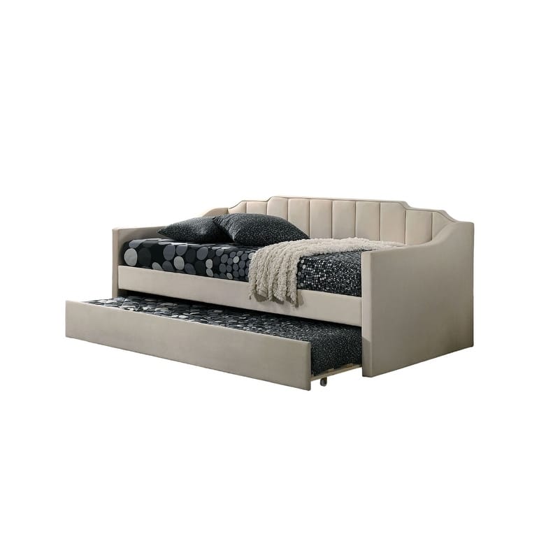 Contemporary Twin Size Daybed with Trundle, Channel Tufting, Fully Upholstered in Beige