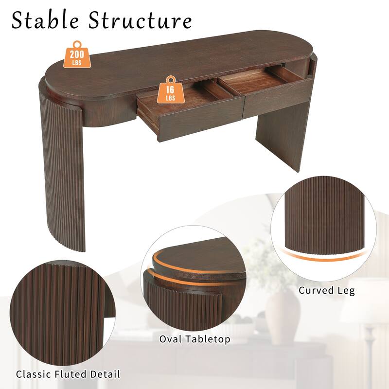 Entryway Table with Natural Wood Grain Finish, Console Table with Fluted Design, Oval Top and 2 Drawers