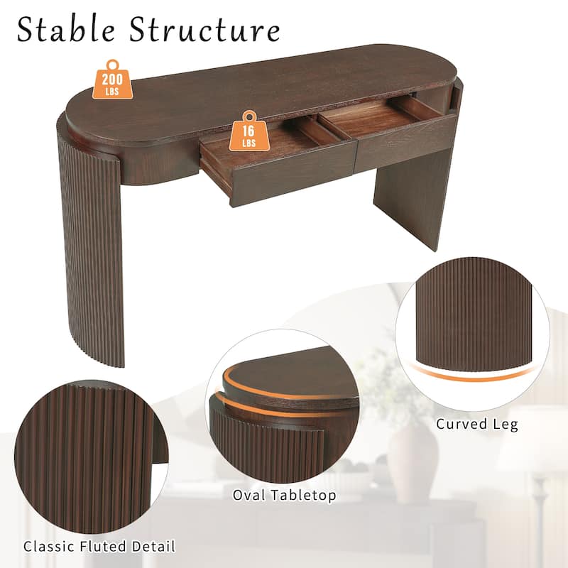 Roomfitters Entryway Console Table with Natural Wood Finish, Oval Top, Fluted Legs and 2 Storage Spaces