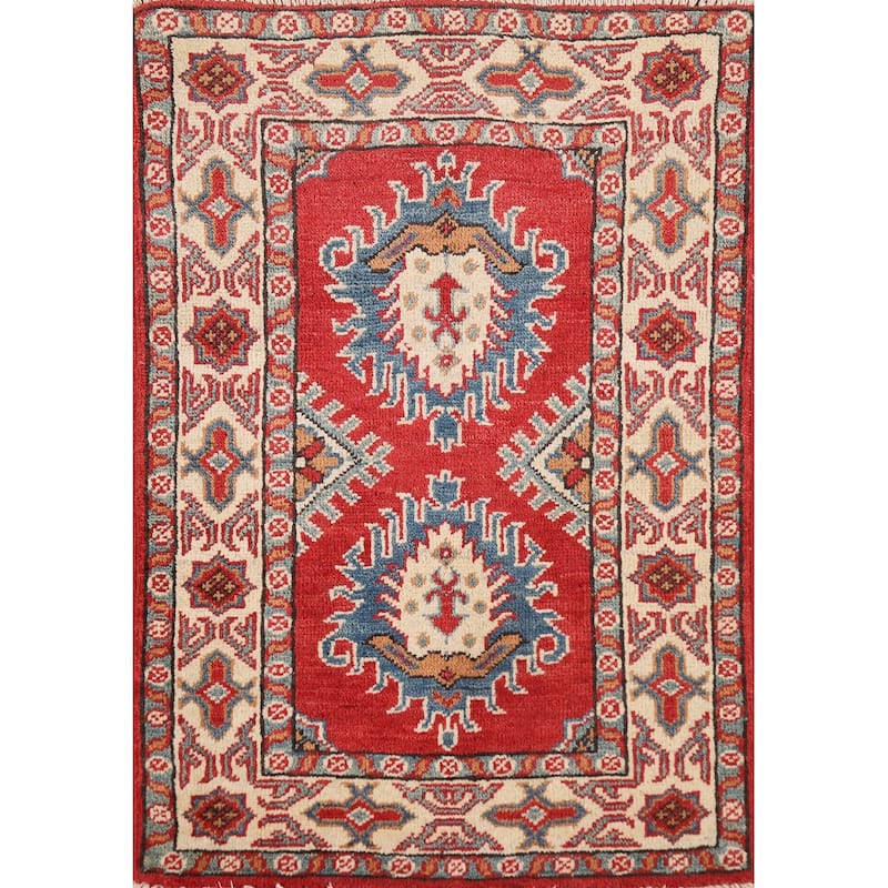 Geometric Kazak Oriental Rug Handmade Traditional Red Wool Carpet - 2'0" x 3'0"