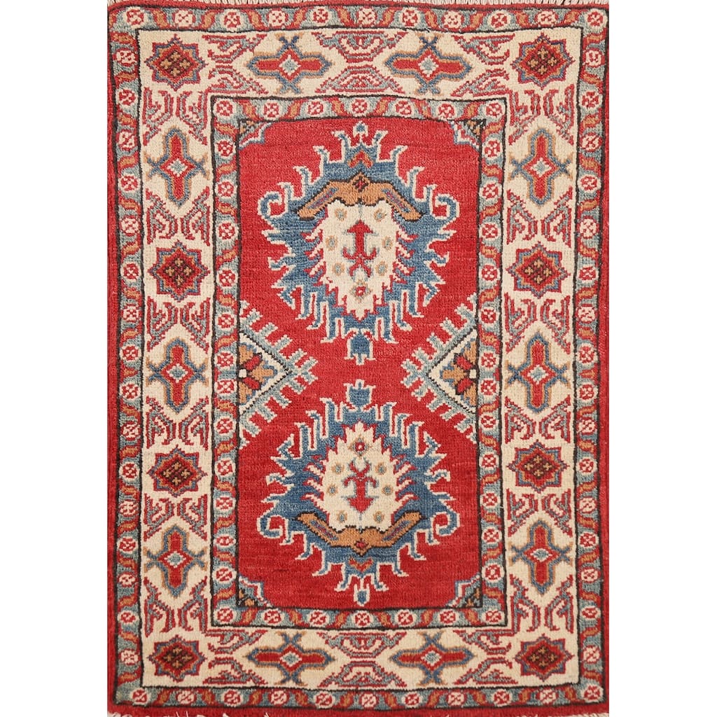 Geometric Kazak Oriental Rug Handmade Traditional Red Wool Carpet - 2'0" x 3'0"