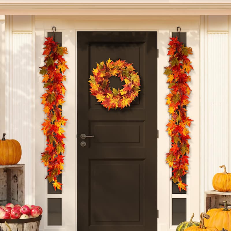 Glitzhome LED Lighted Fall Maple Leaves Wreath/Garland with Timer