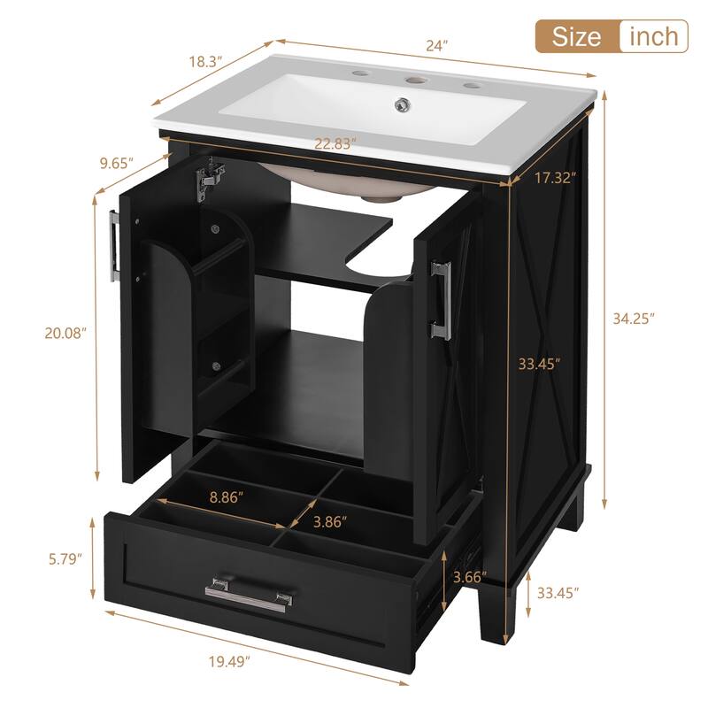 24" Bathroom Vanity with Ceramic Sink Bathroom Storage Cabinet with Divided Drawer and Storage Shelves