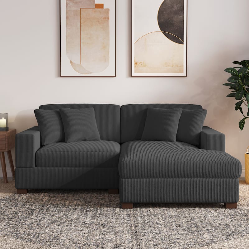 Modern L-Shaped Corduroy Modular Sectional Couch Sofa with Pillows - Grey-L - Right Facing