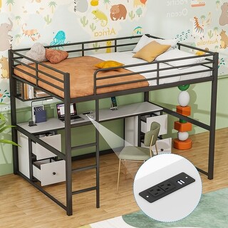 Metal Loft Bed with Desk, Drawers and Bedside Tray, Charging Station, USB and Socket