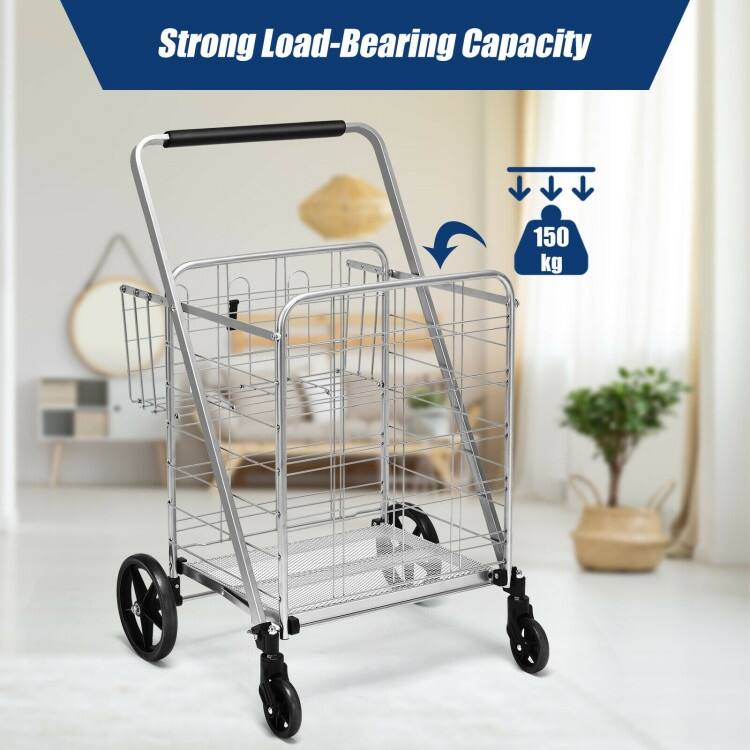 Multi-Purpose Foldable Grocery Cart with 360 Degree Front Wheels and Large Basket and Back Storage - 25" x 25" x 40"(L x W x H)
