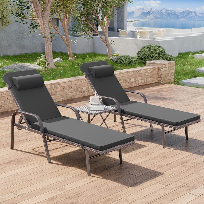 3-Piece Outdoor Wicker Chaise Lounge with Armrests and Cushions
