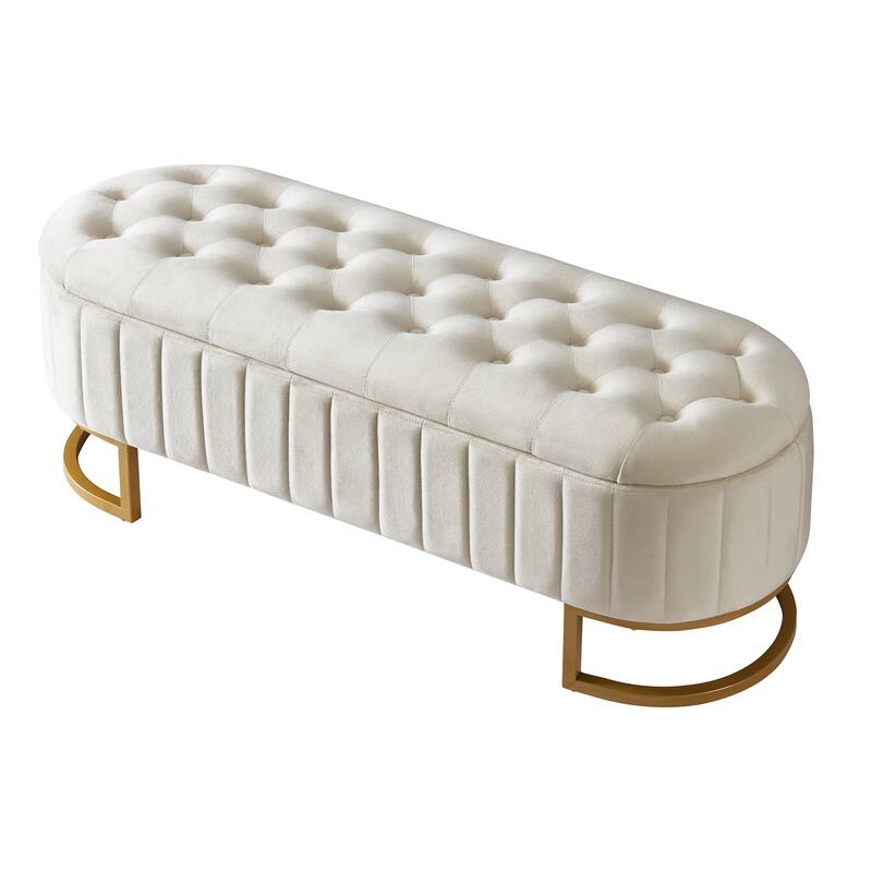 Elegant Velvet Storage Ottoman with Button-Tufted Top, Metal Legs